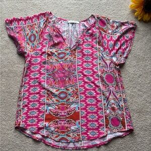 Angashion Pink Boho Print Flutter Sleeve Top – Size S